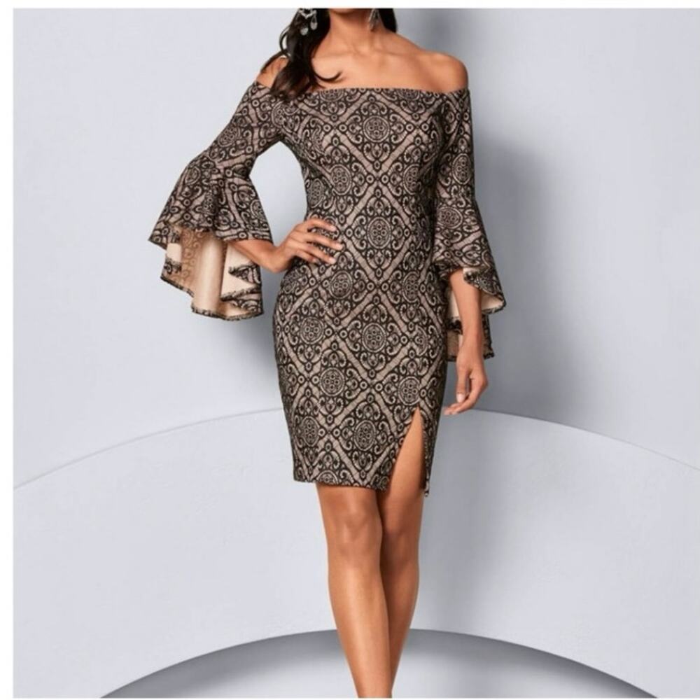 Venus Off Shoulder Bell Sleeve Dress Black Cream Bodycon Slit Size 8 NWT